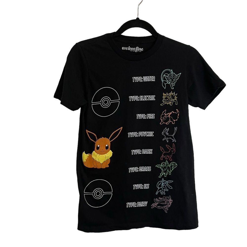 We Love Fine Pokemon Eevee Graphic Evolution Women Xs Black T-Shirt Eeveelutions